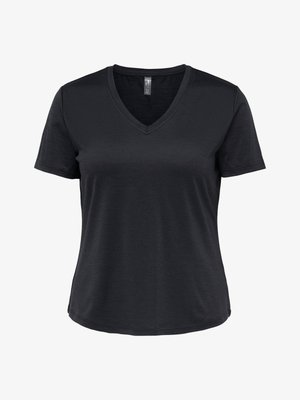 T-shirt noir à manches courtes pour femme avec col en V, taille cintrée et texture de tissu lisse.