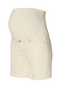 Pantalones cortos premamá de denim beige claro, con cintura elástica, dos bolsillos delanteros y un corte relajado. Textura suave, diseño hasta la rodilla.