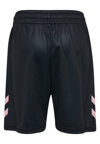 Czarne sportowe szorty z elastycznym paskiem. Posiadają różowe ukośne paski po bokach. Gładki, lekki materiał o lekko błyszczącej powierzchni.