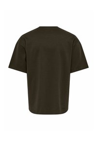 Mörk olivgrön oversize t-shirt, korta ärmar, rund hals, tillverkad av mjukt bomullstyg, med en avslappnad passform och en enkel, oavbruten ryggdesign.