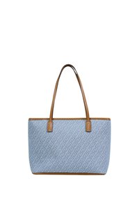 Blå mulepose med geometrisk mønster, brune læderhåndtag og kant. Har en struktureret form og er lavet af tekstilmateriale.