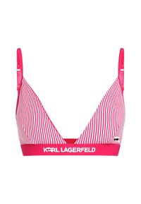 Rosa och vit randig bralette med en triangulär design, justerbara band och ett brett resårband med Karl Lagerfeld-logotypen.