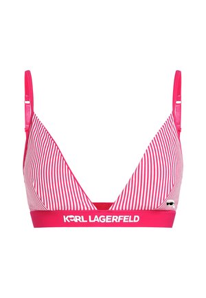 Roze en witte gestreepte bralette met een driehoekig ontwerp, verstelbare banden en een brede band met het Karl Lagerfeld-logo.