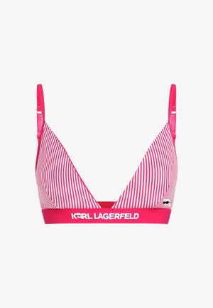 Hellrosa und weiße gestreifte Bralette mit einem dreieckigen Design, verstellbaren Trägern und einem breiten Bund mit dem Karl Lagerfeld Logo.