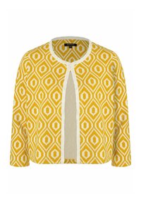 Žlutý cardigan s geometrickým vzorem v krémové barvě, širokými rukávy a otevřeným předním designem s texturovaným povrchem.