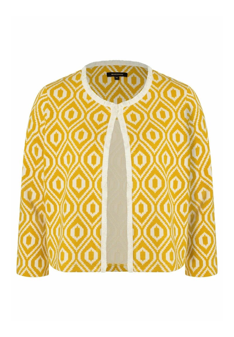 Žlutý cardigan s geometrickým vzorem v krémové barvě, širokými rukávy a otevřeným předním designem s texturovaným povrchem.