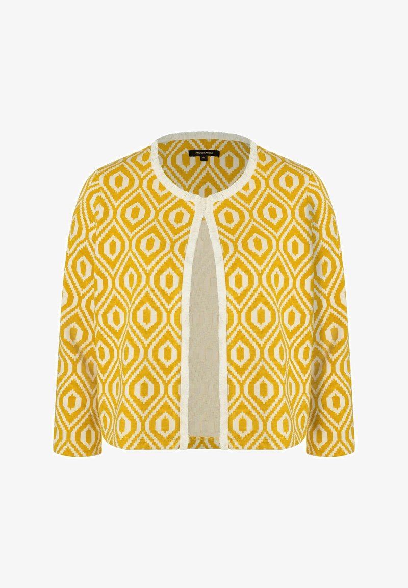 Žlutý cardigan s geometrickým vzorem v krémové barvě, širokými rukávy a otevřeným předním designem s texturovaným povrchem.