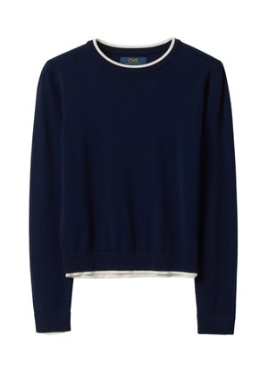 Maglione blu navy a maniche lunghe con bordino bianco sul girocollo e sull'orlo, mostrato su sfondo bianco.