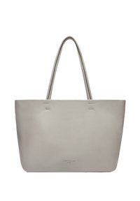 Hellgraue Leder-Totetasche mit zwei langen Griffen, glatter Textur, minimalistisches Design, versehen mit dezenten genähten Akzenten und geprägtem Logo.