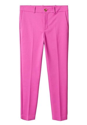 Heldere roze broek, gemaakt van gladde stof, heeft een slim fit, twee vo pockets, een rits aan de voorkant en een enkele knoopsluiting.