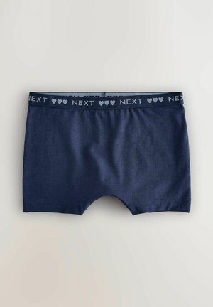 Marineblå bomuldsboxershorts med blød elastisk talje og hvide "NEXT"-tekst og hjertegrafik. Glat tekstur og skjorte længde til midt på låret.