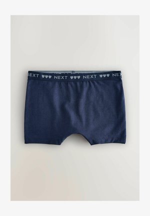 Boxers en coton bleu marine avec une taille élastique douce, ornés de textes "NEXT" blancs et de graphiques en forme de cœur. Texture lisse et coupe mi-cuisse.