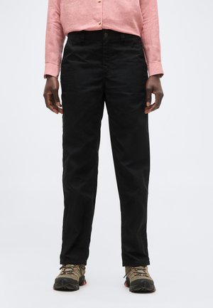 Inimene, kes kannab musti sirge säärega pükse, roosat nööbitavat särke ja rohelist matkajalatsit, seisab ühevärvilise tausta ees.