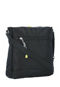 Borsa a tracolla nera in tessuto testurizzato con tasca con zip, tracolla regolabile e dettaglio giallo sulla zip.