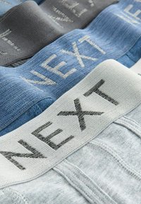 Štiri para moških spodnjic z kontrastnimi pasovi v sivi, modri in svetlo sivi barvi, vsake z enostavnim logotipom "NEXT".