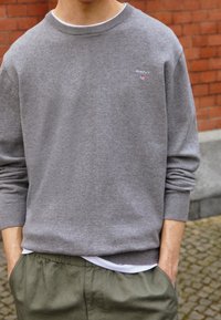 Grijze gebreide trui met een ronde halslijn, geribde mouwen en onderrand, met een klein logo op de borst. Gecombineerd met olijfgroene broek.