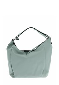 Sac à main en cuir gris clair au design décontracté, avec une fermeture zippée sur le dessus et une seule bandoulière noire. Texture lisse avec des accents minimalistes.