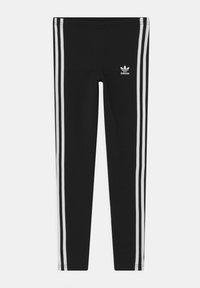 Black leggings with three white vertical stripes on each side and a small white Adidas logo on the front. Made from a stretchy fabric.
