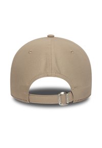 Tan baseball cap with a curved brim, adjustable strap, and metal buckle. Smooth fabric texture with a single button top.