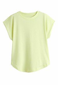 Hellgelbes T-Shirt mit kurzen Ärmeln, rundem Ausschnitt und leicht geschwungenem Saum, auf weißem Hintergrund dargestellt.