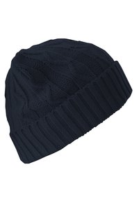 Navy knitted beanie with a ribbed cuff and textured cable pattern, made of soft fabric for warmth and comfort.