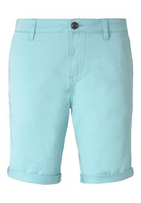 Pantaloni corti azzurri, arrotolati, realizzati in un tessuto liscio e leggero. Presentano una chiusura anteriore con bottone e tasche frontali piatte.