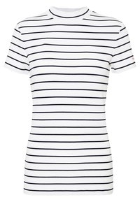 Blusa de manga corta blanca con rayas horizontales azul marino, textura acanalada, cuello redondo alto y un pequeño detalle del logo en la manga.