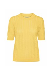 Geel gebreid shirt met korte mouwen en hoge nek, met een textuurpatroon van verticale strepen en open weefsel.