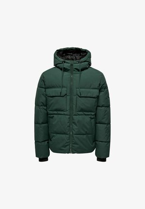 Veste d'hiver matelassée verte avec capuche, fermeture éclair frontale, deux poches poitrine à rabat et poches latérales, présentée sur fond blanc.