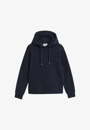 Tummansininen huppari, jossa on pitkähihaiset hihat ja etutasku; siinä on teksturoitu logomalli rinnassa ja naruakkentit.