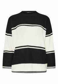 Svart och vit randig stickad tröja med rund hals och långa ärmar. Har texturerad tyg och kontrasterande horisontella ränder.