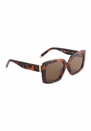 Brown square tortoiseshell sunglasses with wide arms and dark tinted lenses angled to the right on a white background.