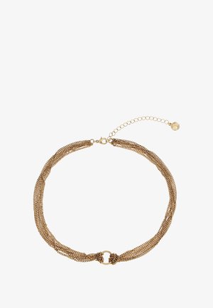 Collar de cadena de múltiples hilos en tono dorado con eslabones texturizados, que presenta un cierre redondo y una cadena extensor ajustable.