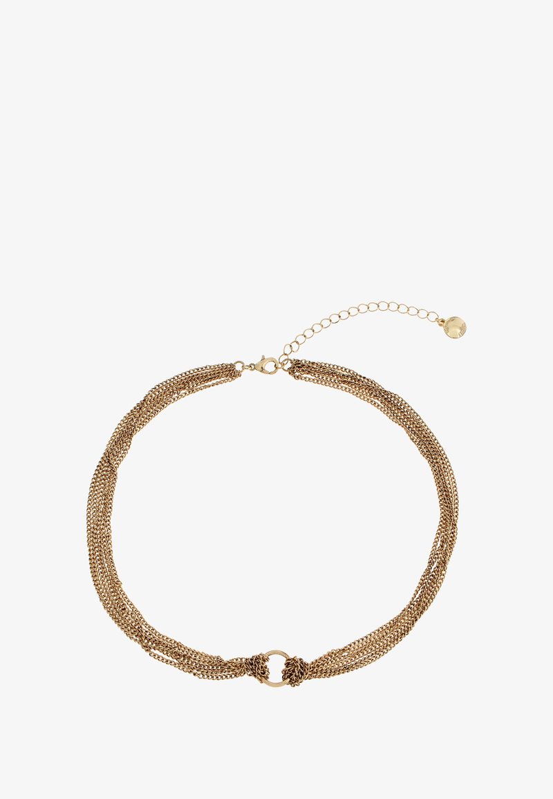 Gylden multi-streng kæde halskæde med teksturerede led, med en rund lås og justerbar forlængerkæde.