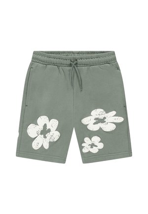 Donkergroene katoenen shorts met een elastische tailleband, voorzien van verweerde witte bloemenpatronen aan de voorkant. Inclusief twee zijzakken.