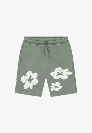 Donkergroene katoenen shorts met een elastische tailleband, voorzien van verweerde witte bloemenpatronen aan de voorkant. Inclusief twee zijzakken.