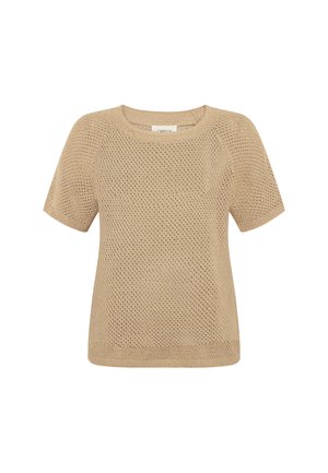 Beiger kurzärmeliger Strickpullover mit rundem Ausschnitt und einem strukturierten, offen gewebten Muster.