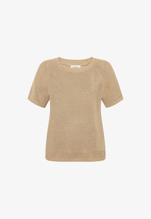 Pull en maille beige à manches courtes avec un col rond et un motif ajouré texturé.