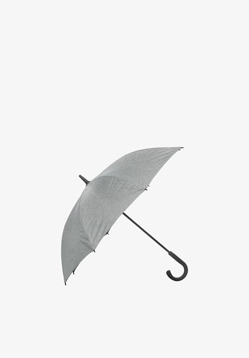 Szary otwarty parasol z zakrzywioną czarną rączką i metalowym trzpieniem, przedstawiony na białym tle.