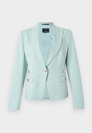 Blazer vert menthe clair avec un design ajusté, des revers crantés et deux poches à rabat à l'avant. Doté de boutons dorés et d'une texture lisse.