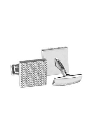 Silver cufflinks featuring a textured square design with a geometric pattern and a smooth rectangular backing, engraved details on the sides.