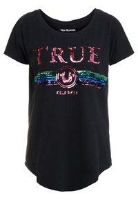 Black short-sleeve t-shirt with "TRUE RELIGION" sequined logo and multicolored sequined horizontal stripes across the chest.