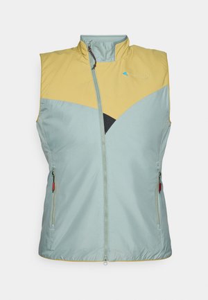 Ľahká bezrukávová vesta v modro-zelenom prevedení so žltými akcentmi na pleciach, so zipsom na prednej strane, bočnými vreckami a geometrickým vzorom.