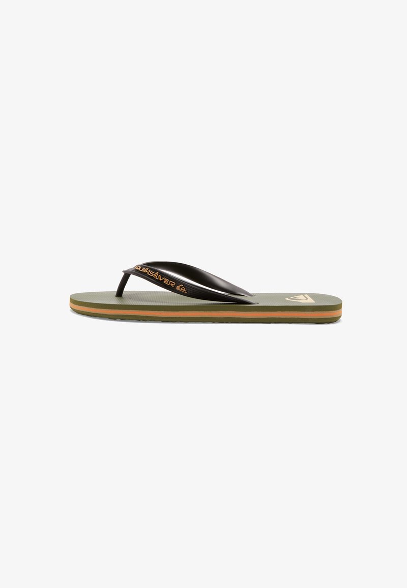 Black flip-flop with a textured olive green footbed and layered sole in orange and beige. Features Quiksilver logo on the strap.