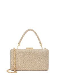 Gold-tone rectangular evening clutch covered in sparkling crystals with a short handle and removable chain strap on a white background.