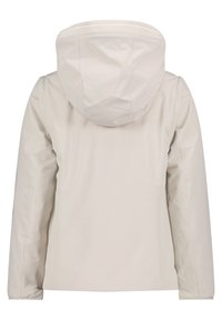 Veste légère beige clair, imperméable, à capuche avec une texture lisse et au style minimaliste. Dotée de poignets élastiques et de lignes épurées.