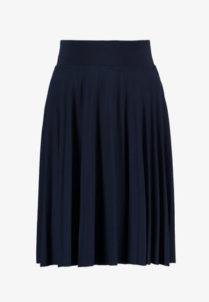 Navy pleated skirt made of soft fabric, featuring a wide waistband and a flowing design that falls to mid-calf length.