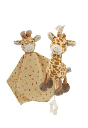 Soft plush giraffe toy with fabric blanket and pull-string music box shaped as a star, beige with brown spots and cute facial features.
