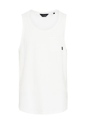 Hvit ermeløs tanktop laget av bomull, med rund halslingning og en liten brystlomme. Enkel design med rett søm.