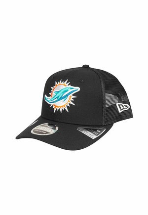 Black baseball cap with mesh back, featuring an embroidered turquoise and orange dolphin logo against a sunburst design.